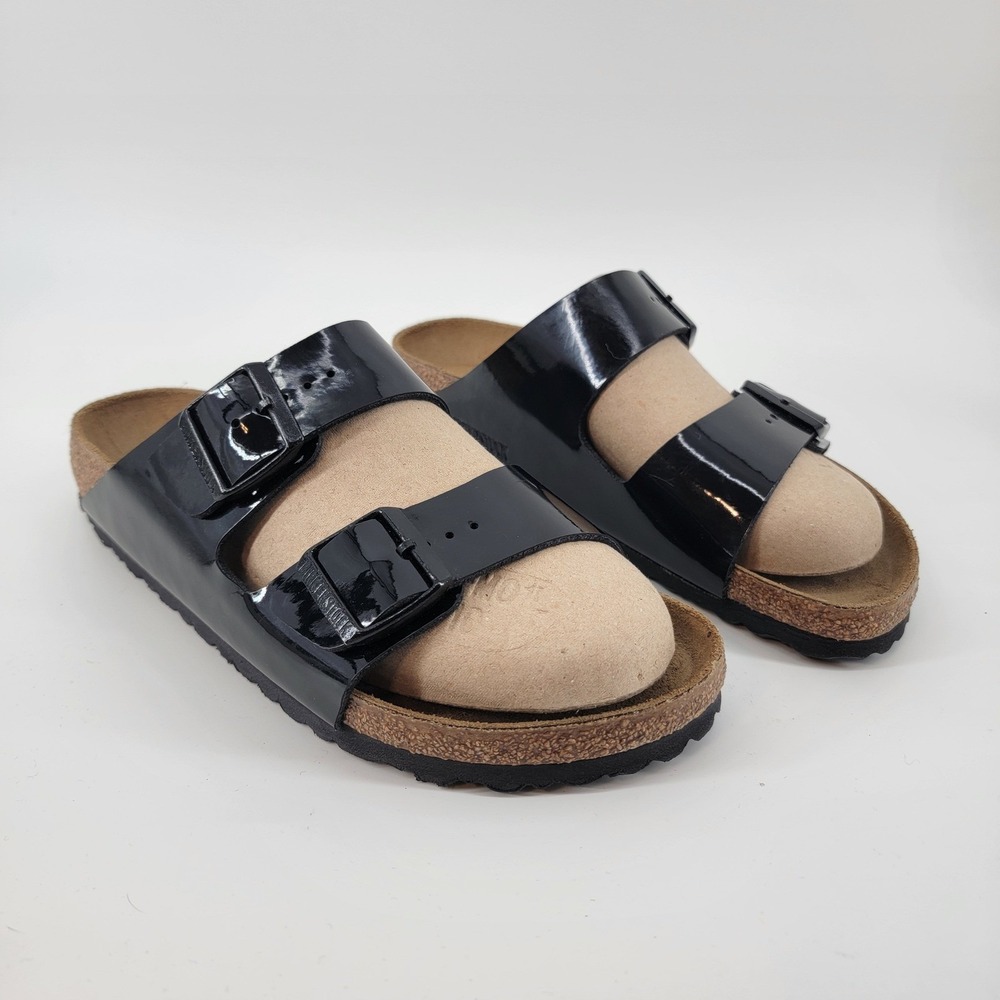 Birkenstock Arizona Slide Sandals Womens 40 Black Patent Glossy Double Strap